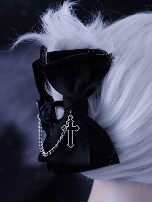 Black Gothic Bow Claw Clip with Cross Chain