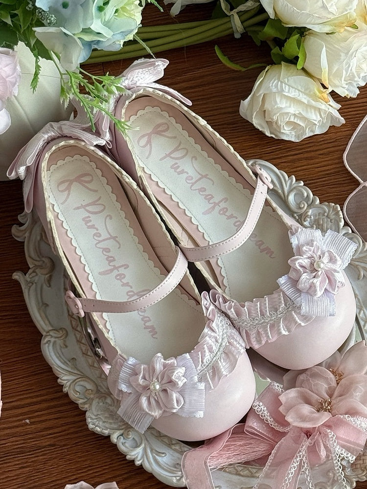 Sakura Pink Sweet Lolita Mary Janes - Low-heel Design with Floral Elements, Bow Accents & Ruffled Details