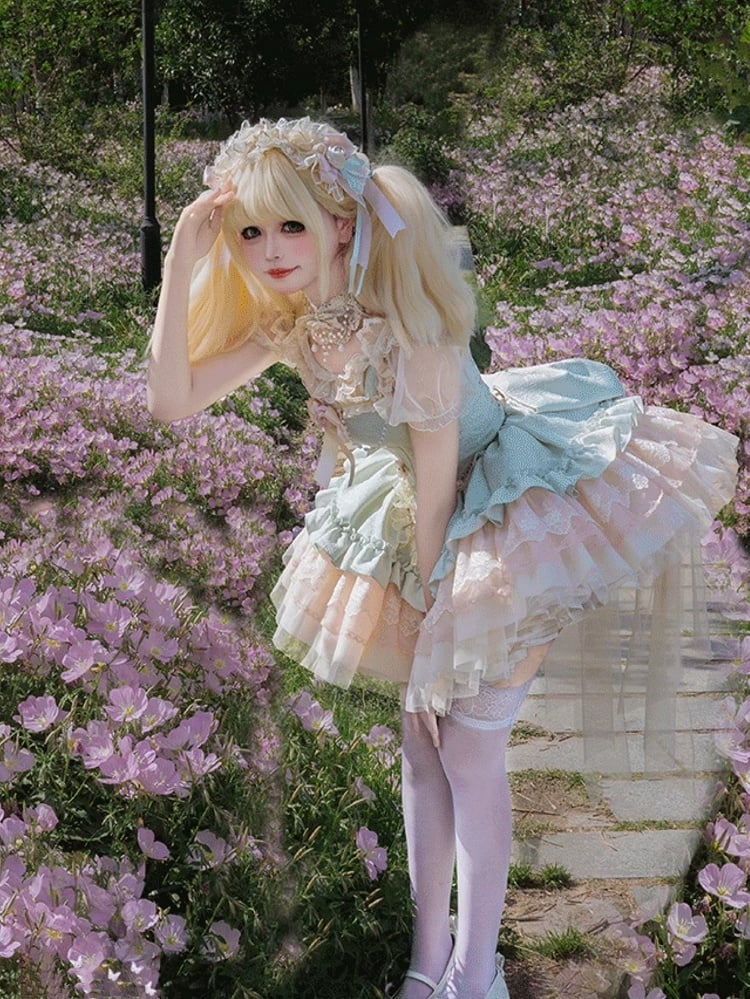 Green Boned Basque Waist Jacquard Fabric Hime Lolita Balletcore Puffy Dress JSK with Big Bow Train