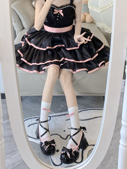 7CM Black & Pink Bow at Top Crisscross Design Sweet Lolita Platform High Block Heels
