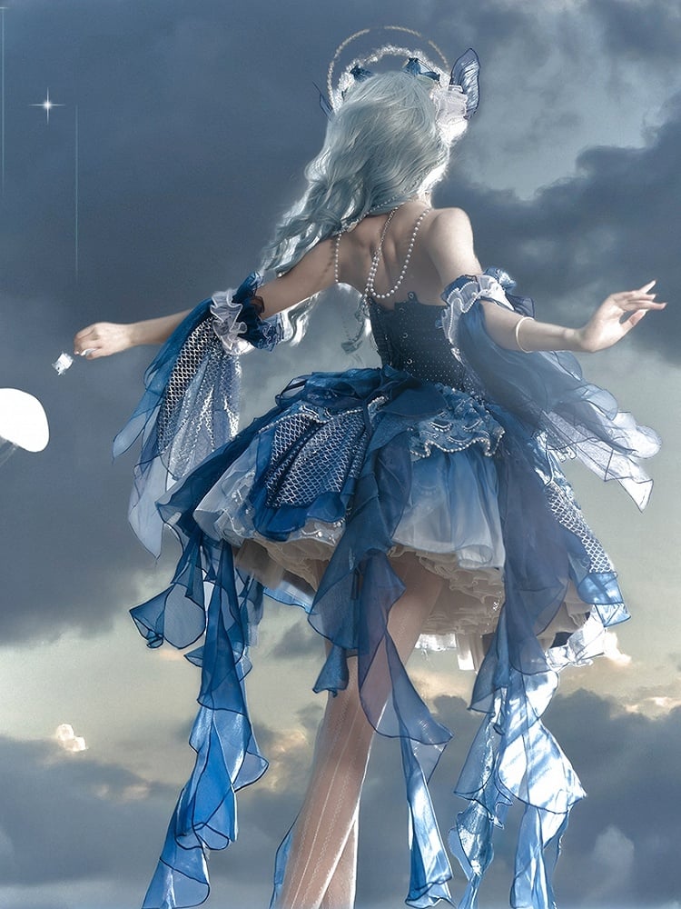 Deep Sea Blue Corset Waist Princess Lolita Beads and Sequins Detail Cascading Ruffle Accents Fairy Layered Dress