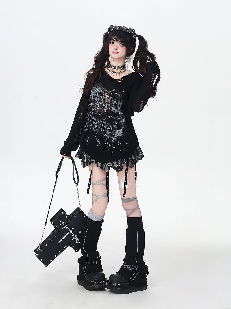 Lace-up Neckline Ink-jet Print Black/Apricot Distressed Holes Knit Coverup