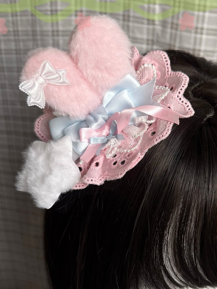 3 Color Options Bowknot Details Plush Bunny Ear Hairclip With Plush Star