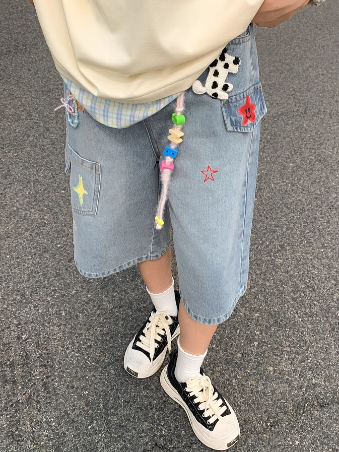 Colorful Star Print Blue Faded Wash Distressed Wide-leg Denim Shorts