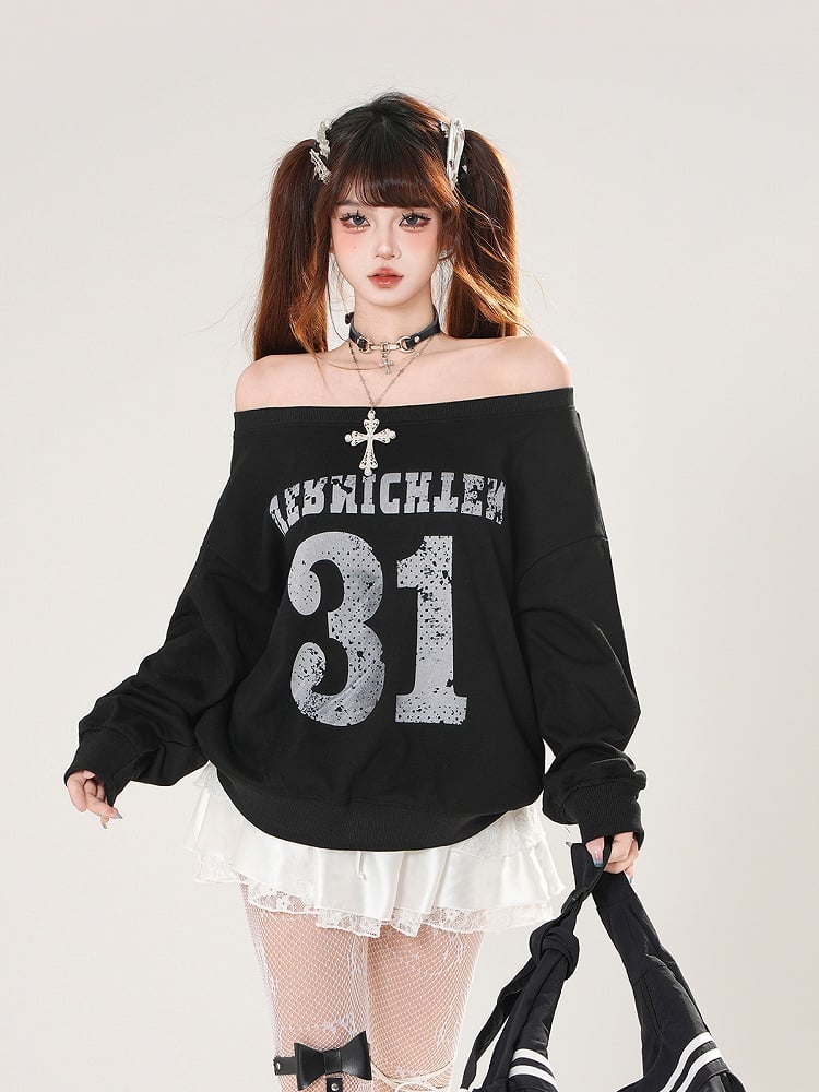 Black/White Off-the-shoulder Neckline Number Print Summer Sweatshirt