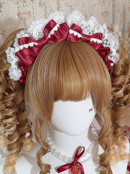 White&Red Heart Decorated Striped Pattern Bowknot Details Lace Trim KC