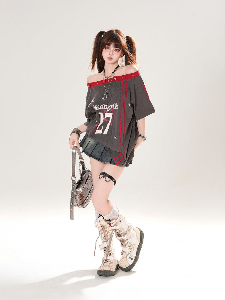 Gray Off-the-shoulder Neckline Number and Star Print Loose T-shirt