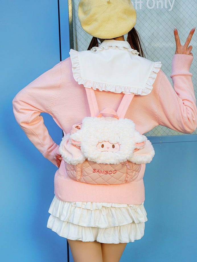 White&Pink Letter Embroidery Diamond Pattern Plush Lamb Flap Backpack