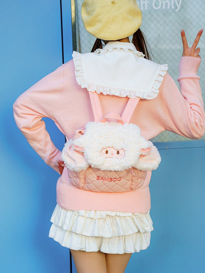 White&Pink Letter Embroidery Diamond Pattern Plush Lamb Flap Backpack