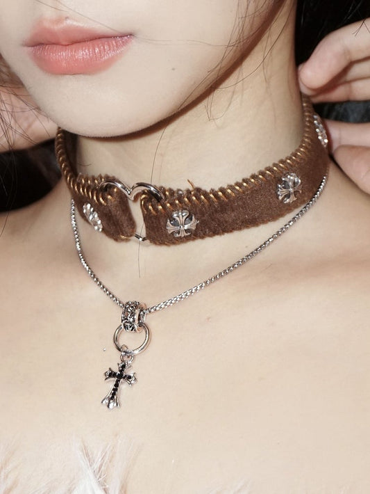 Punk Cross Pendant Double-Layered Brown Choker