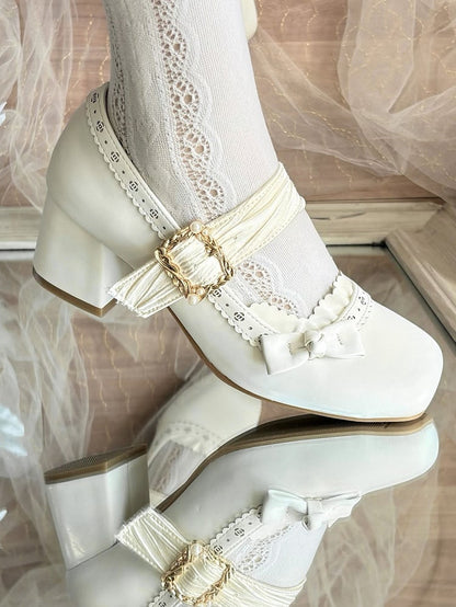 PU White Elegant Lolita Mary Janes - Low/Mid Heel with Pleated Straps & Floral Cutouts