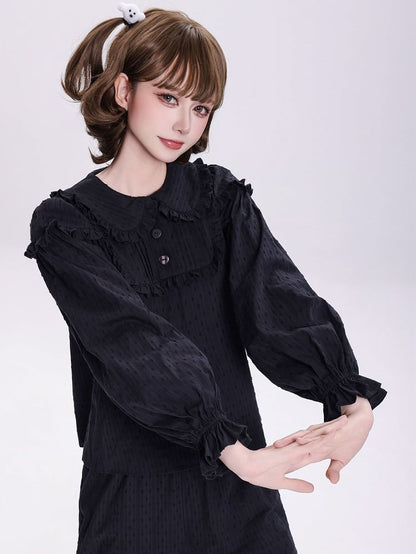 Plus Sizes Available Black Ruffle Trim Peter Pan Collar Sweet Lolita Blouse