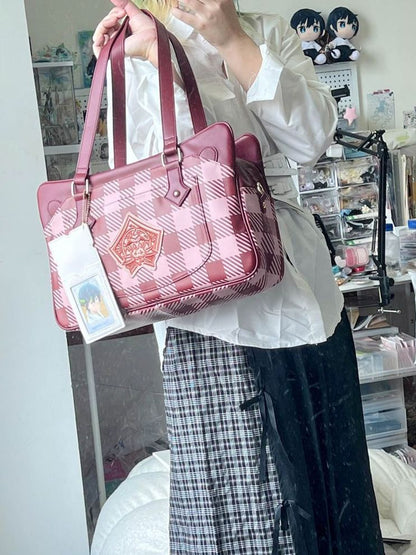 Plaid Pattern Large Capacity Wine Red Ita Tote Bag