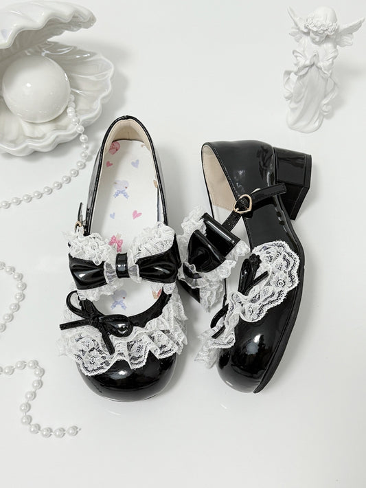 Black Bowknot Details Lace Trim Round Toe Lolita Shoes