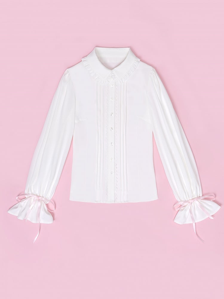Sweet Ruffle White Shirt with Lace Placket and Flounce Sleeves