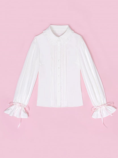 Sweet Ruffle White Shirt with Lace Placket and Flounce Sleeves