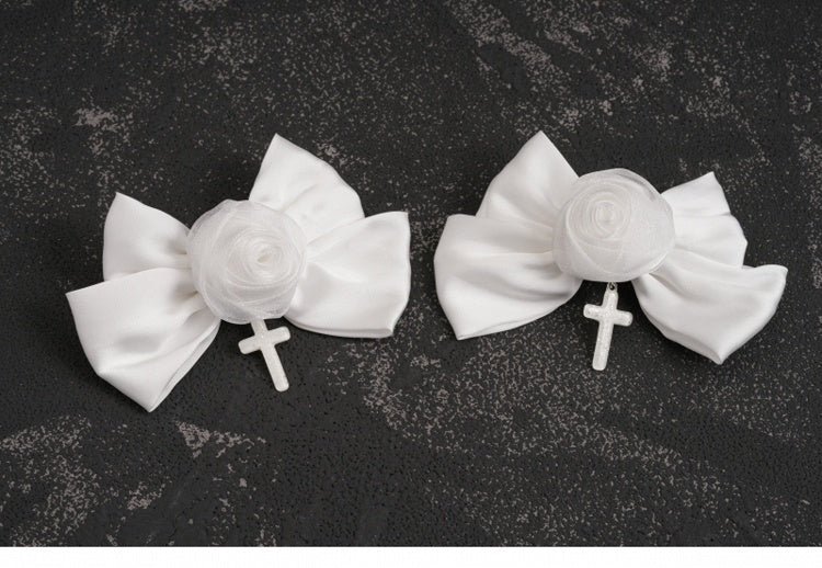 Cross Charm Gothic White Rose Bowknot Hairclips
