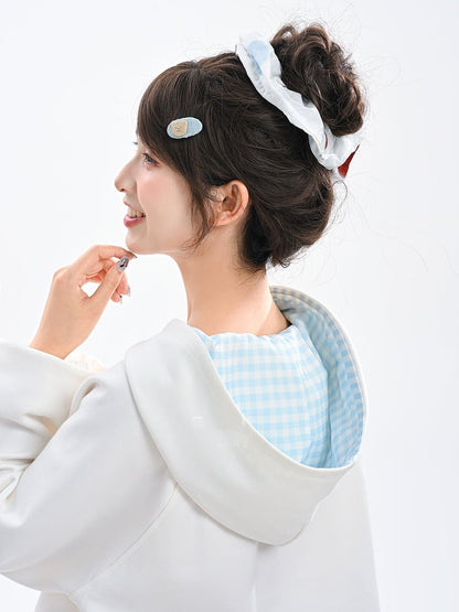 Adorable Cartoon Kitty Print Drawstring Hem Blue Plaid Hood White Hoodie