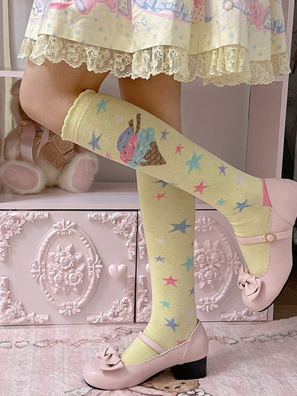 Pink/Blue/Purple/Yellow/White Lolita Ice Cream Star Print Design Calf Socks