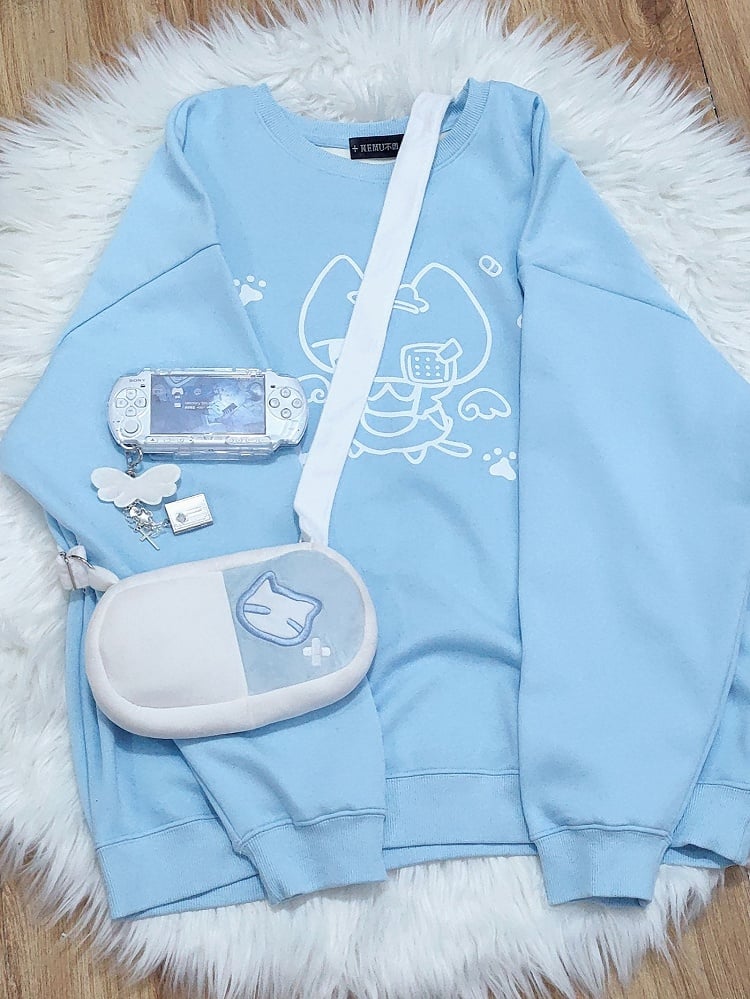 Kitty Embroidery Tenshi Kaiwai Bag Light Blue and White Yami Kawaii Crossbody