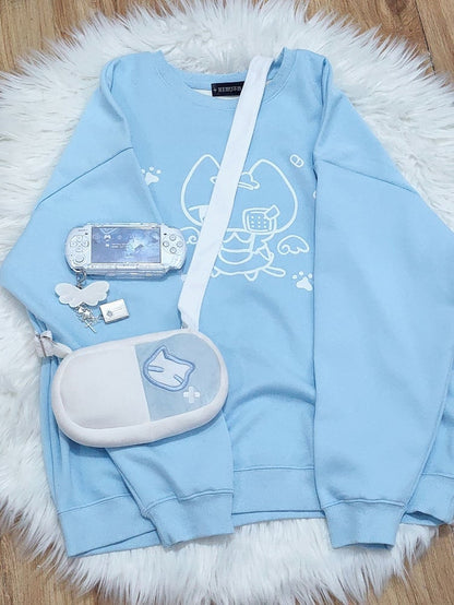 Kitty Embroidery Tenshi Kaiwai Bag Light Blue and White Yami Kawaii Crossbody