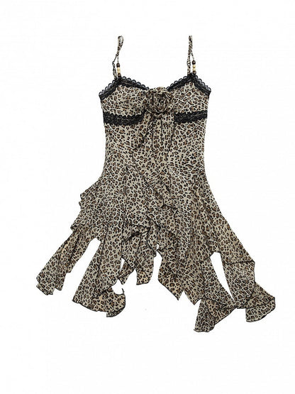 Gyaru Fashion Detachable Flower Decorated Brown Leopard Asymmetrical Hem Cami Top