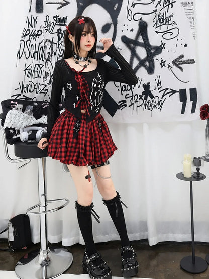 Y2K Star Buckles Black & Red / Black & Gray Plaid Bubble Skirt