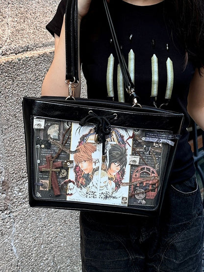 Black Bow Accents Lace-up Detail Ita Shoulder Bag with Free Charm