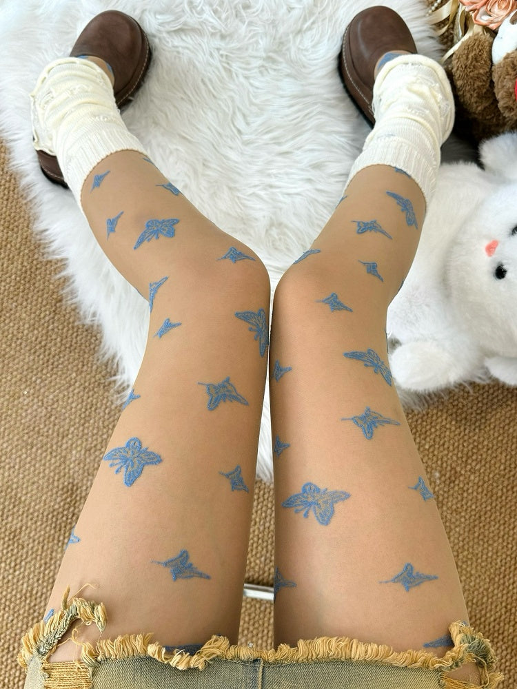 Nude Gyaru Fashion Butterfly Embroidered Tights