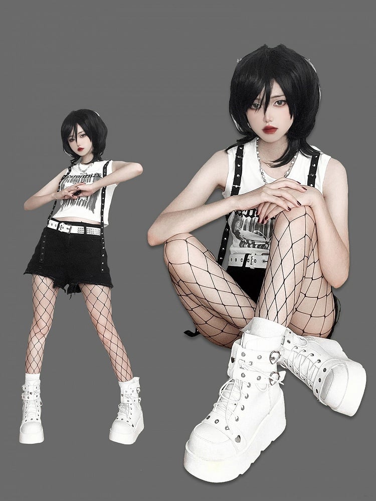 Punk Studs White Platform Ankle Boots