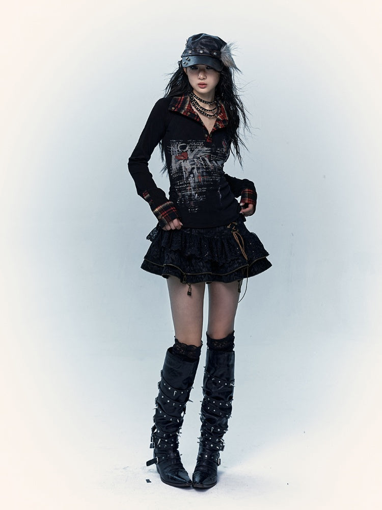 Black  Lace-up Details Lace Trim Tiered Skirt