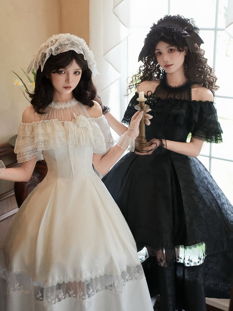 White Illusion Halter Neck Rosette Jacquard Fabric Elegant Dress Full Set