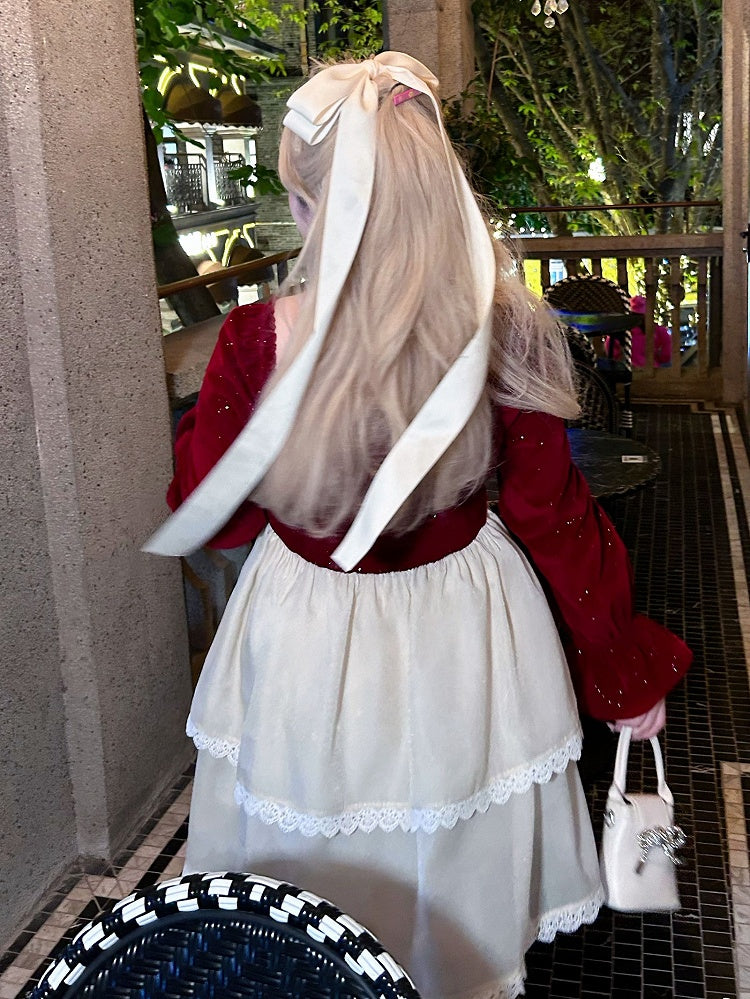 Plus Size Bowknot Details Red and White Basque Waist Sweet Dress