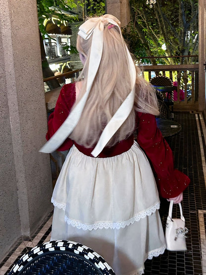 Plus Size Bowknot Details Red and White Basque Waist Sweet Dress