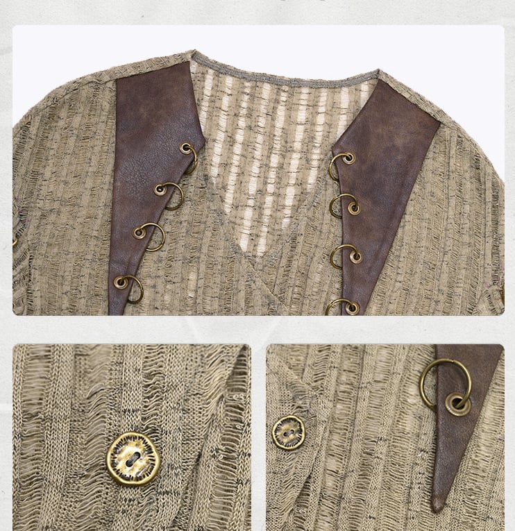 Light Coffee V-neck Wasteland Punk Slim Fit Knit Top