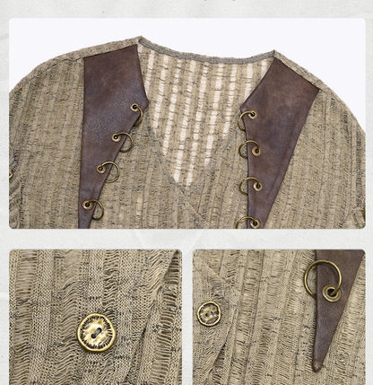 Light Coffee V-neck Wasteland Punk Slim Fit Knit Top