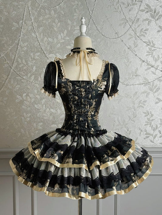 Bunny and Kitty Print Black and Gold Short Puff Sleeves Lolita Corset Dress