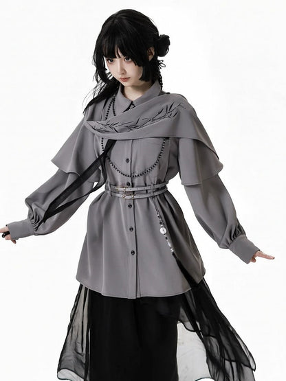 Gray Cheongsam Style Shirt with Detachable Bamboo Embroidered Shoulder Cape and Buckle Belt