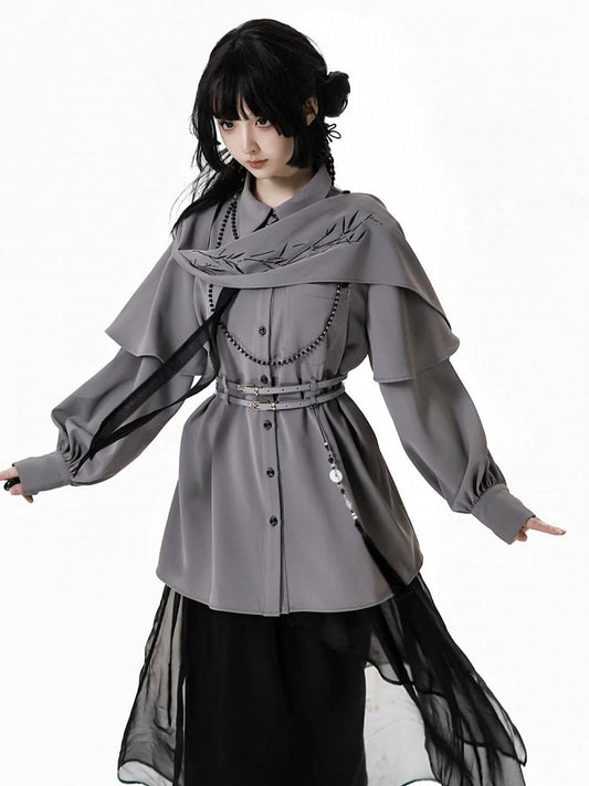 Gray Cheongsam Style Shirt with Detachable Bamboo Embroidered Shoulder Cape and Buckle Belt