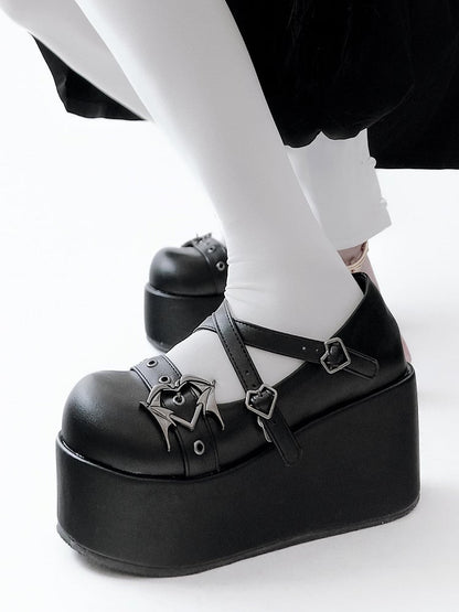 Black Y2K Crisscross Design Wings Decorated Heart Buckles Platforms