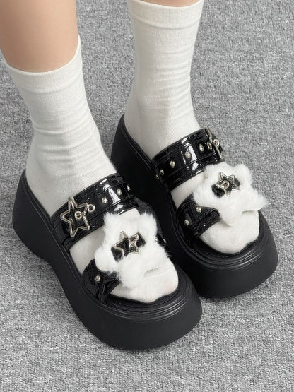 Alt-Goth Black Platform Slippers – Star Buckles, Metal Studs & White Fleece Top