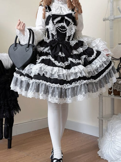 White Lace Trims Black Bows Decorated Hanayome Dress Lolita Jumper Skirt