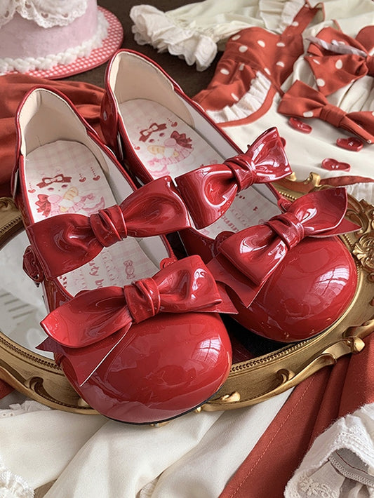 Wine Red Bow Accents Point Toe Sweet Lolita Block Heels