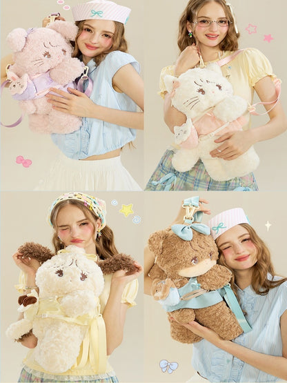 Kawaii Brown & Blue Bear Plush Backpack / Crossbody