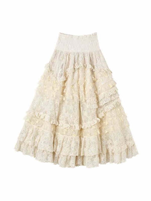 Apricot Vintage High Waist Romantic Stars Pattern Lace Skirt