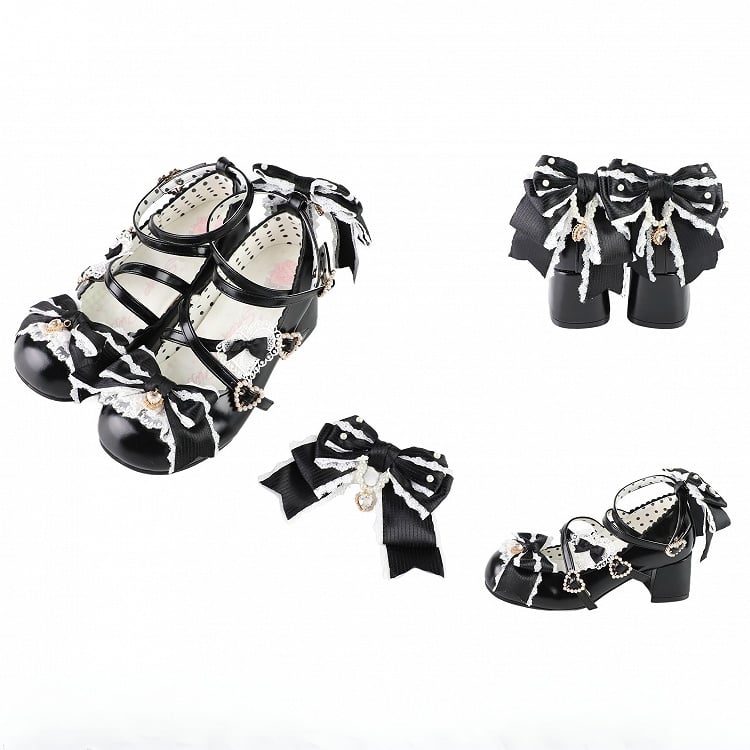Black Sweet Lolita Bowknot Details Crisscross Design Heart Buckle Straps 2CM/5CM Block Heels Shoes
