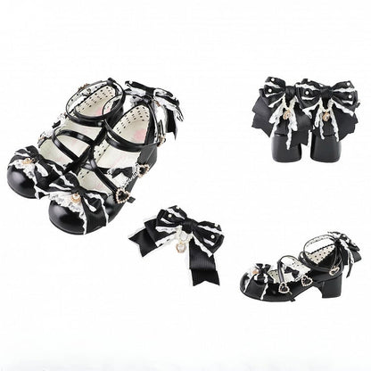 Black Sweet Lolita Bowknot Details Crisscross Design Heart Buckle Straps 2CM/5CM Block Heels Shoes