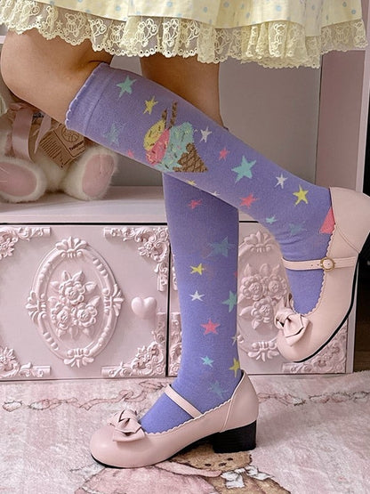 Pink/Blue/Purple/Yellow/White Lolita Ice Cream Star Print Design Calf Socks