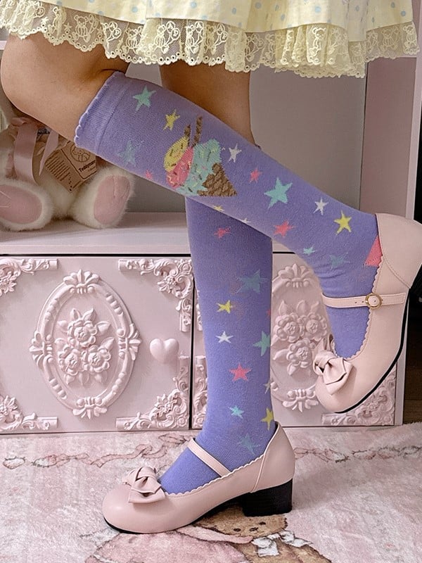 Pink/Blue/Purple/Yellow/White Lolita Ice Cream Star Print Design Calf Socks