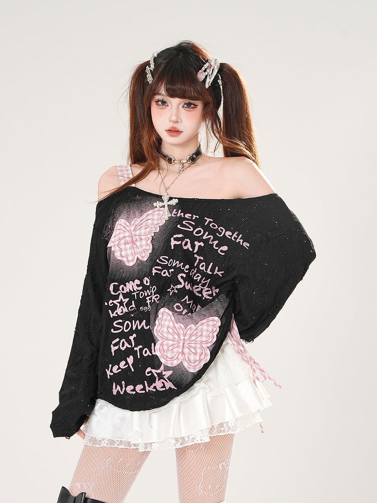 Pink Plaid Butterfly Appliques Black/White Off-the-shoulder Distressed Holes Coverup